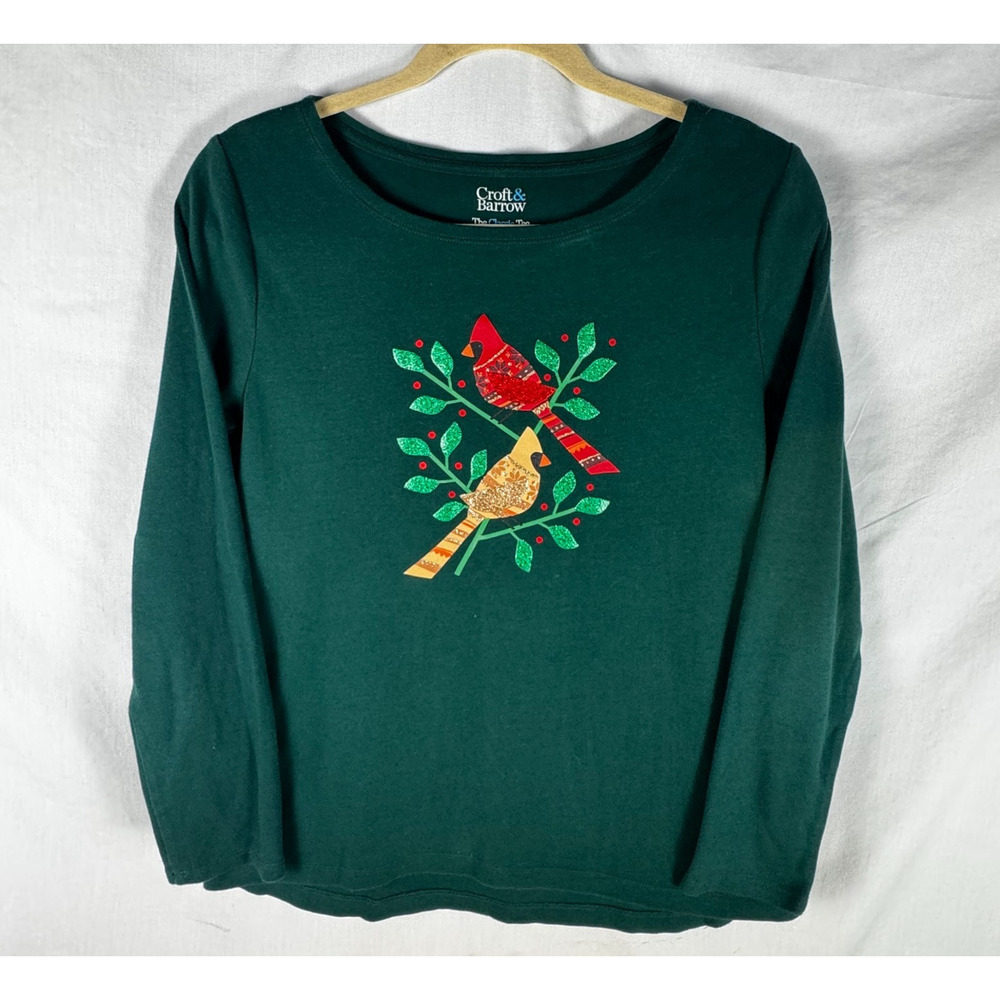 Croft & Barrow Green Cardinals 'Ugly Christmas' Shirt, Sz S, Sparkly 100% Cotton